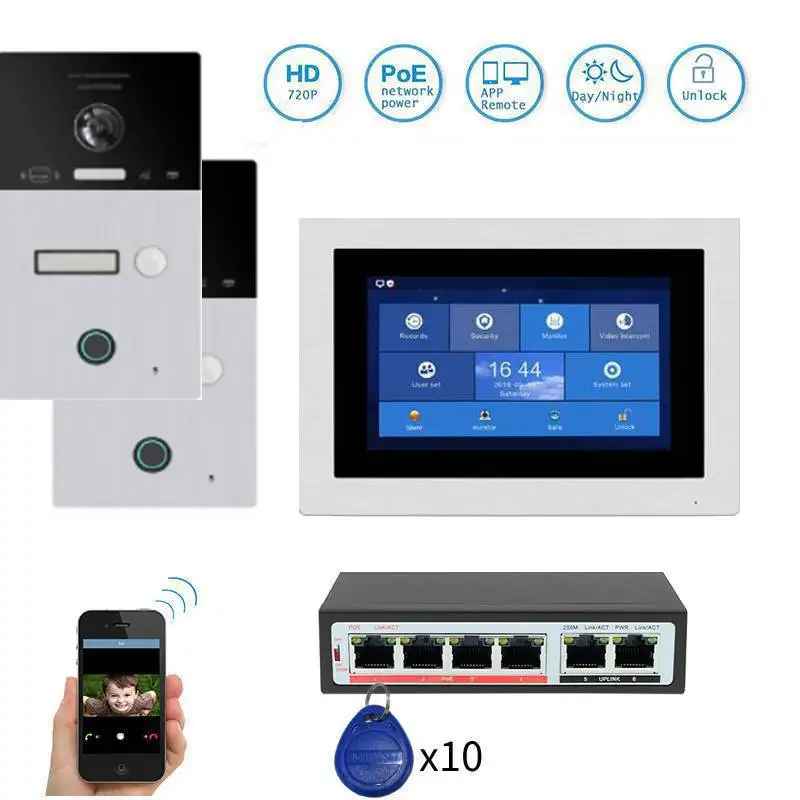 

POE 720P AHD WIFI IP 7" Video Intercom Door Phone Record Kit 2 Panels 1 Touch Screens Phone Remote Monitor Unlock RFID Doorbell