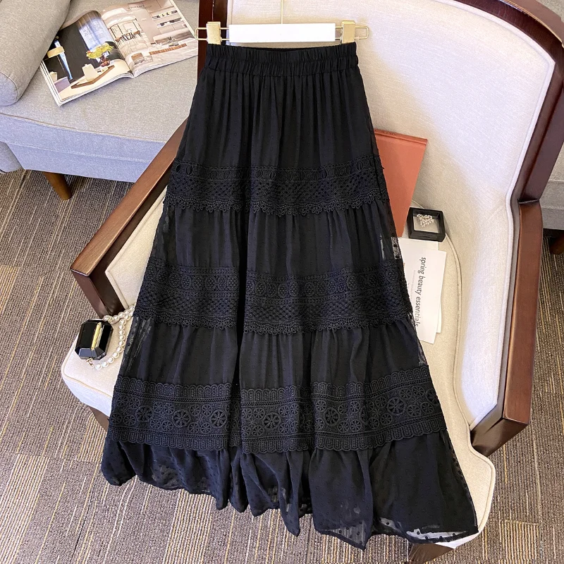Hollow Out Lace Chiffon Cake Long Black Fairy Skirt Korean Style Spring Summer High Waist Polka Dots Pleated Skirts for Women
Hollow Out Lace Chiffon Cake Long Black Fairy Skirt Korean Style Spring Summer High Waist Polka Dots Pleated Skirts for Women