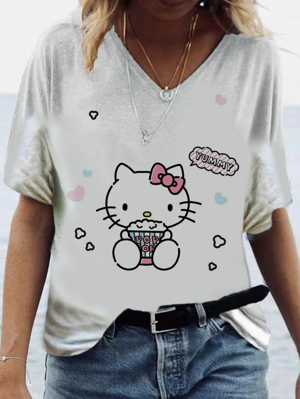 Summer 2022 Women's Sexy V-Neck T-Shirt Hello Kitty Print Casual Short Sleeve Top Ladies Loose Easy Matching Fashion T-Shirt
Summer 2022 Women's Sexy V-Neck T-Shirt Hello Kitty Print Casual Short Sleeve Top Ladies Loose Easy Matching Fashion T-Shirt