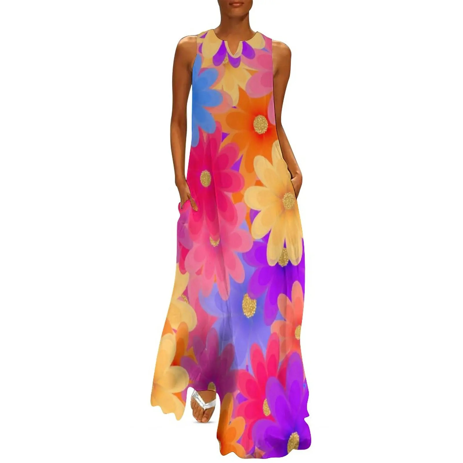 Женское платье-макси с цветочным принтом, V-образным вырезом
Женское платье-макси с цветочным принтом, V-образным вырезом