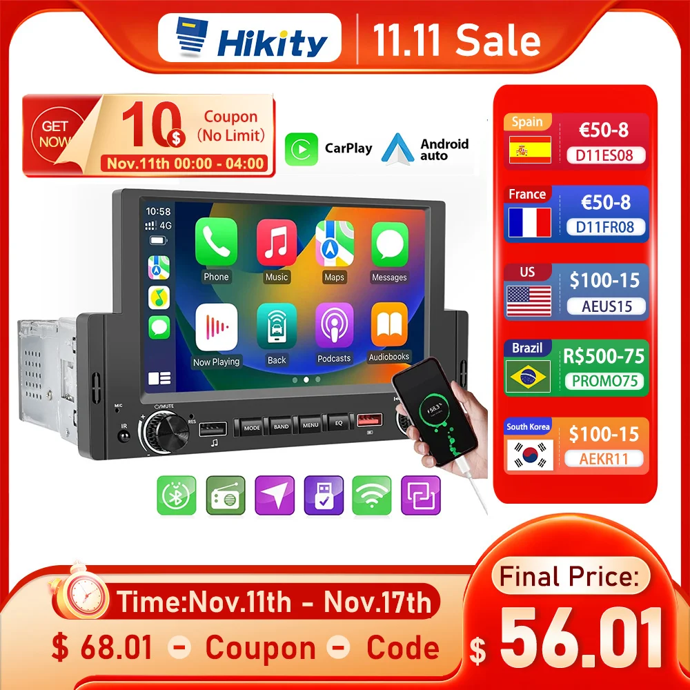 Автомагнитола Hikity 1 Din, автомагнитола Android Carplay, автостерео, Bluetooth, аудио, FM, музыка, стерео с двойным USB для Toyota, Nissan, KIA
Автомагнитола Hikity 1 Din, автомагнитола Android Carplay, автостерео, Bluetooth, аудио, FM, музыка, стерео с двойным USB для Toyota, Nissan, KIA