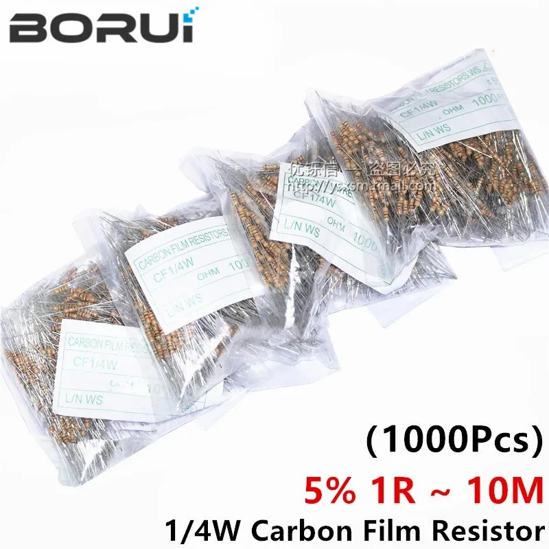 

1000PCS 1/4W Carbon Film Resistors 5% 1R-10M 10R 47R 100R 220R 1K 10K 4K7 100K 560K 1M 3M3 ohm Color Ring Resistance