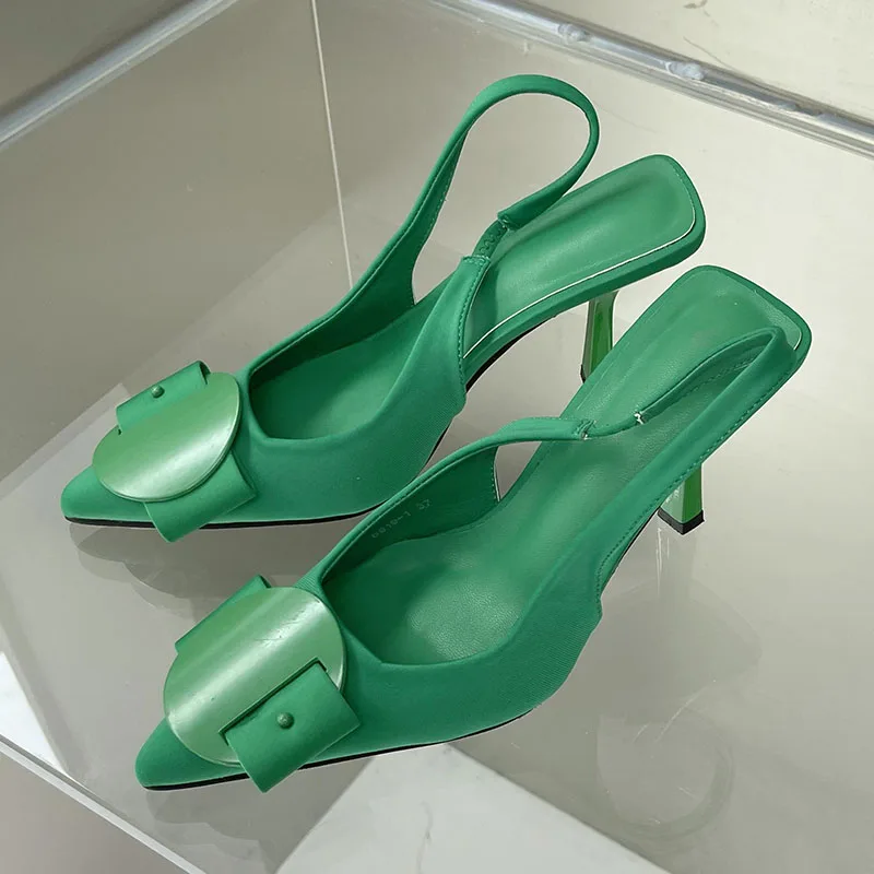 Женские босоножки с ремешком на пятке, Зеленые босоножки с острым носком и пряжкой, без застежки, на тонком высоком каблуке, 2022
Женские босоножки с ремешком на пятке, Зеленые босоножки с острым носком и пряжкой, без застежки, на тонком высоком каблуке, 2022