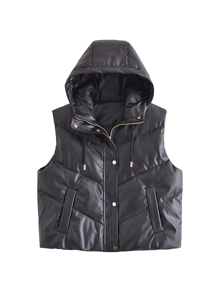 

SLTNX TRAF PU Hooded Women's Vest for Women 2023 Winter Quilted Vests Cotton Coats Female with Pocket Warm Waistcoat Outerwear