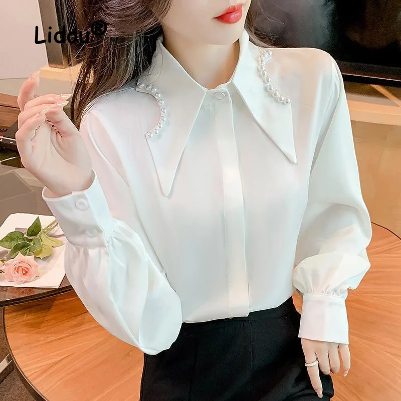 

Casual Office Solid Color Embroidered Flares Blouse Women New Classic Long Sleeve Peter Pan Collar All-match Pullover Shirt