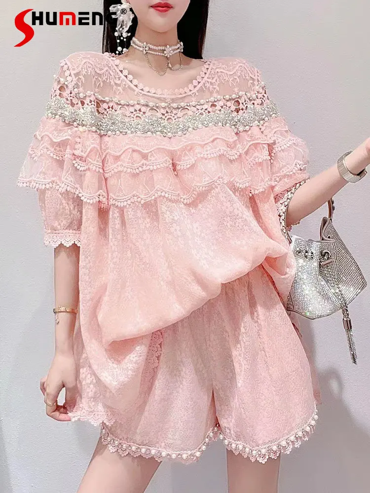 Lace Two-piece Suit Women's Summer New Korean Style Fashion Sweet Beads Hollow Out O-neck Top Ladies Fashion Simple Fairy Shorts
Lace Two-piece Suit Women's Summer New Korean Style Fashion Sweet Beads Hollow Out O-neck Top Ladies Fashion Simple Fairy Shorts