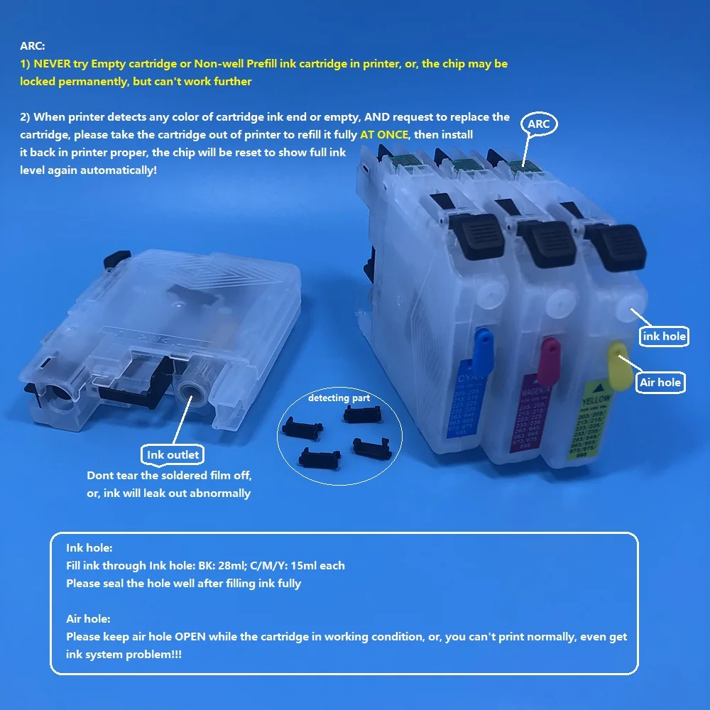LC231 LC233 Refillable ink cartridge with ARC for Brother DCP-4120DW MFC-J4420DW J4620DW J4625DW J5320DW J5620DW J5625DW J5720DW
LC231 LC233 Refillable ink cartridge with ARC for Brother DCP-4120DW MFC-J4420DW J4620DW J4625DW J5320DW J5620DW J5625DW J5720DW
