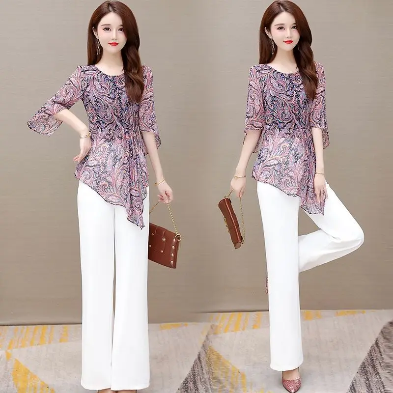 Women 2022 Summer New Fashion Suits Female Chiffon O-neck Print Shirt Tops + Loose Wide-leg Pants Ladies Two-piece Sets J33
Women 2022 Summer New Fashion Suits Female Chiffon O-neck Print Shirt Tops + Loose Wide-leg Pants Ladies Two-piece Sets J33