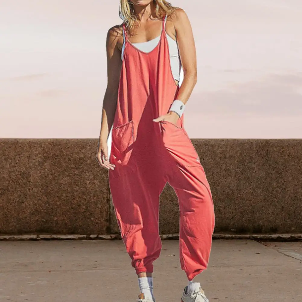 

Women Romper Overalls Solid Color Loose Long Trousers Casual Wear Sleeveless Summer Jumpsuits Ladies Siamese Pants Women Garment
