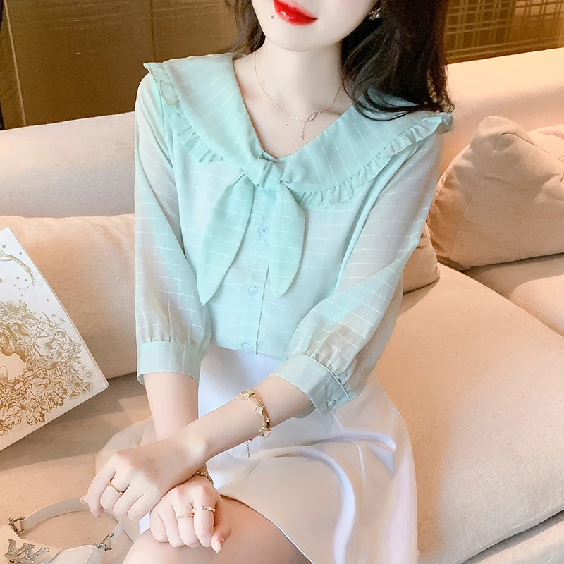2022 summer dress baby collar shirt super fairy design sense minority foreign style chiffon shirt women short sleeve 022E, 531-6
2022 summer dress baby collar shirt super fairy design sense minority foreign style chiffon shirt women short sleeve 022E, 531-6