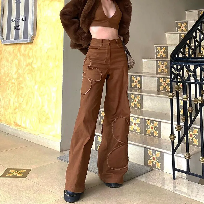 

Женские винтажные джинсы-багги Y2k, коричневые свободные длинные брюки в стиле 90-х с цветочной завышенной талией, прямые джинсовые брюки, уличная одежда, новинка 2021