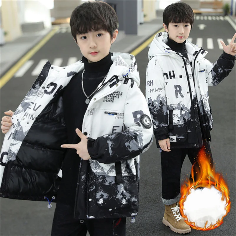 

Boys Winter Coat Fashion 5-16T Hooded Warm Padded Jackets Thick Letters Print Hit Color Teenagers Parkas 2023 New High Quality