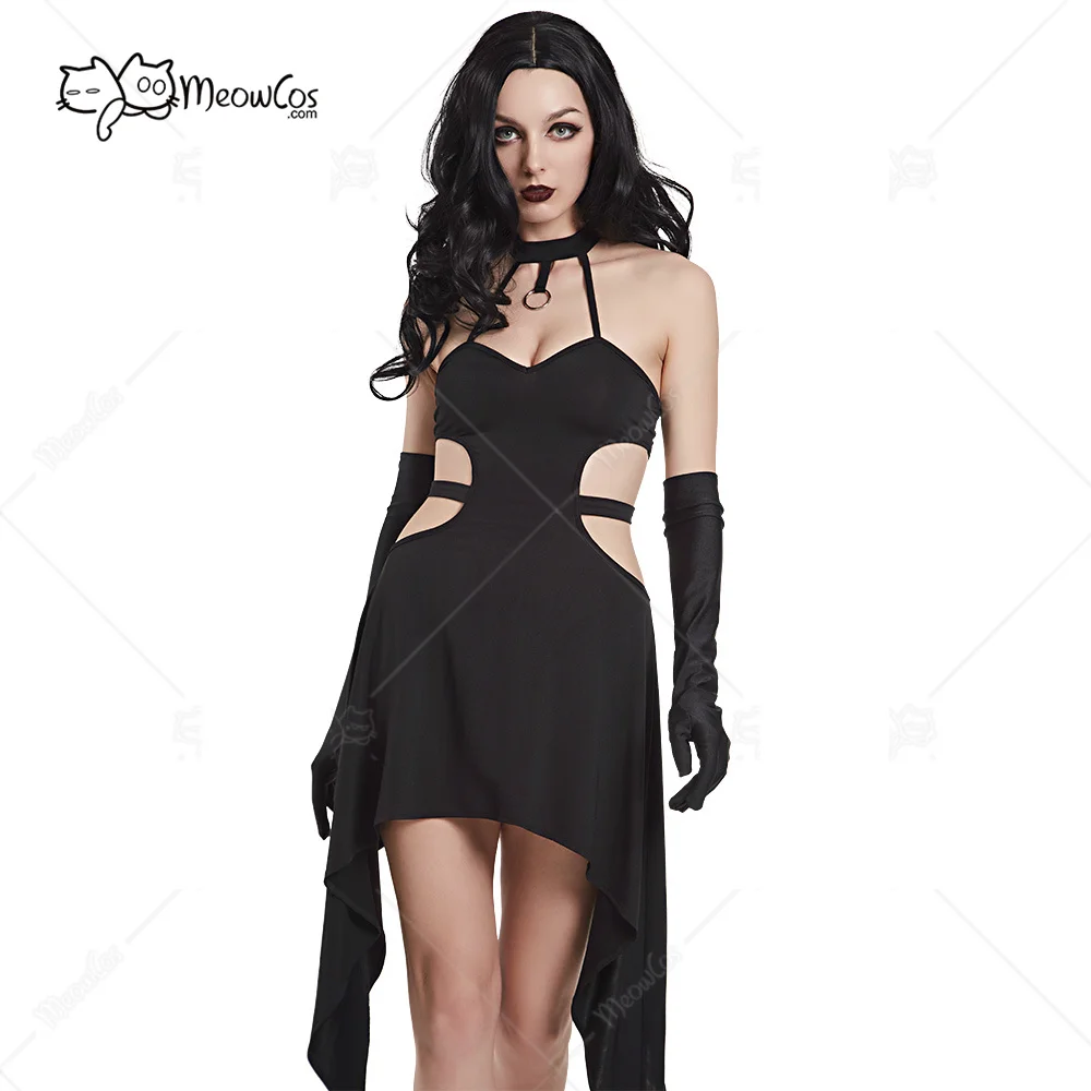 Women Gothic Halter Dress Dark Witch Style Halloween Waist Hollow Dress with Gloves 
Women Gothic Halter Dress Dark Witch Style Halloween Waist Hollow Dress with Gloves