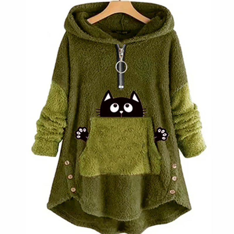 Women Cat Print Fluff Fleece Hoodies Sweatshirt Autumn Kangaroo Pocket Button Tops Pullover Winter Zip Hooded Sweatshirts Jumper
Women Cat Print Fluff Fleece Hoodies Sweatshirt Autumn Kangaroo Pocket Button Tops Pullover Winter Zip Hooded Sweatshirts Jumper