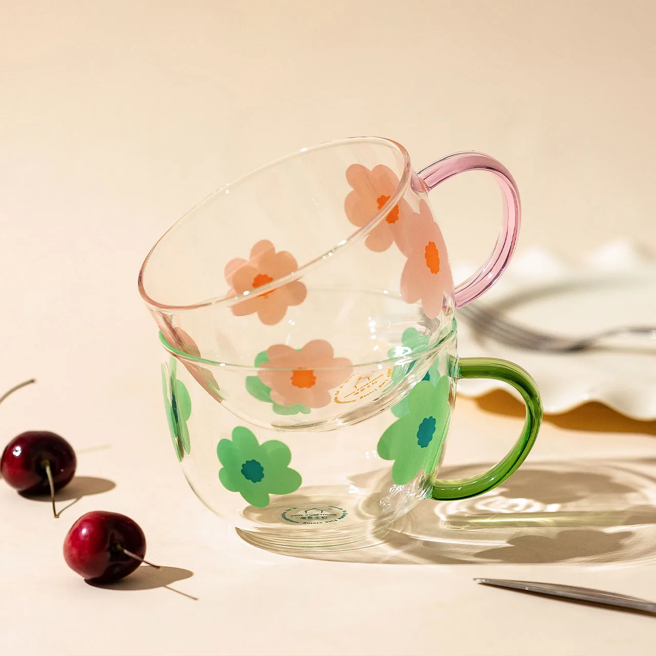 

500 мл чашка для завтрака и овсяной муки с цветочным узором, японская стеклянная чашка для молока с ложкой, домашняя кухонная чашка с ручкой д...