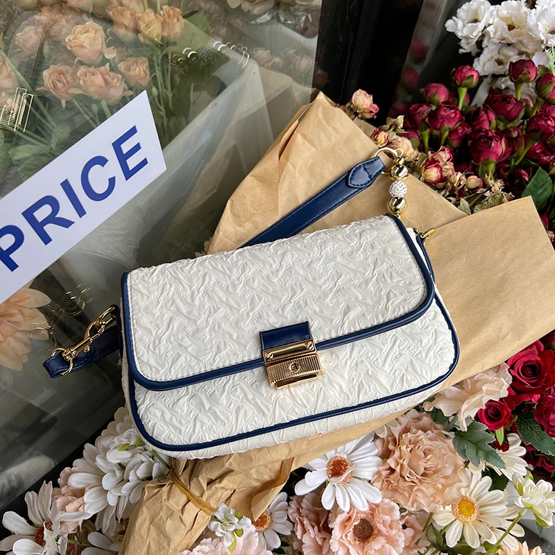 

Textured Embossed Crinkle Designer Shoulder Bag for Women Blue and White Contrast Ladies Underarm Bag Female Flap Chain Handbags
