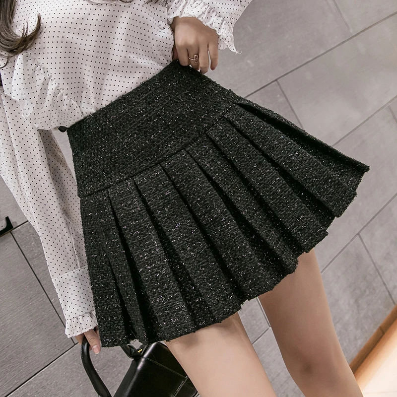 Bright Silk Tweed Skirt Black Mini Pleated Skirt Women Vintage Woolen High Waist Shorts Skirts Autumn Winter Elegant Zipper O096
Bright Silk Tweed Skirt Black Mini Pleated Skirt Women Vintage Woolen High Waist Shorts Skirts Autumn Winter Elegant Zipper O096