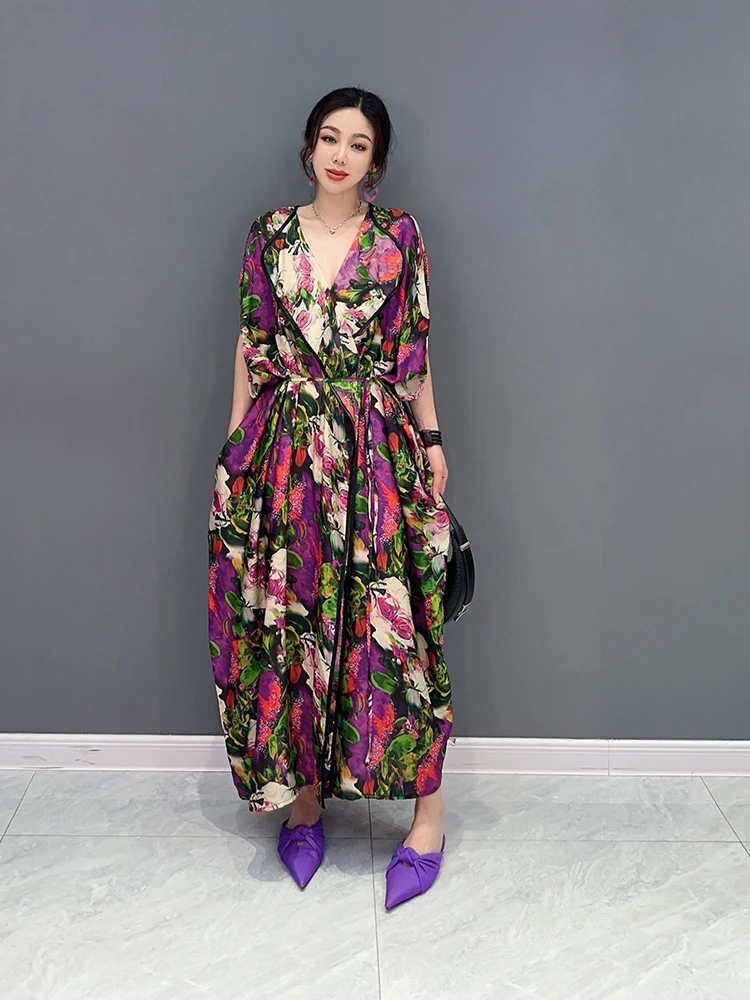 

SuperAen 2023 летнее Новое корейское повседневное модное разноцветное платье с v-образным вырезом Женское Платье макси с рукавами «летучая мышь» и цветочным принтом