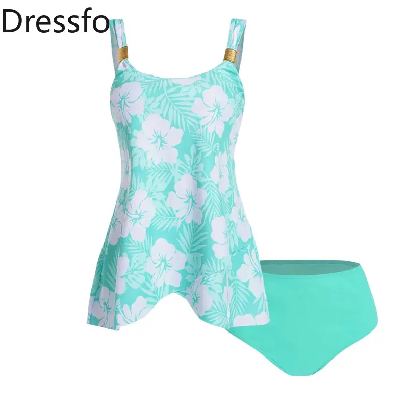 

Dressfo Tropical Leaf Flower Print Vacation Tankini Swimsuit Padded Tankini Two Piece Tankini Swimwear High Waist Bathing Suit