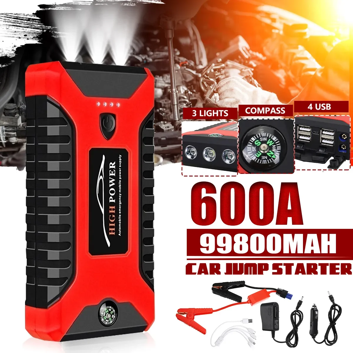 

Car Jump Starter Pack 600A Portable 4 USB Power Bank Car Battery Booster Charger 12V Starting Device Car Startee Buster