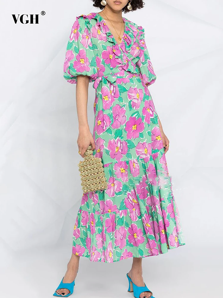 VGH Casual Elegant Floral Print Dress For Women V Neck Short Sleeve Patchwork Ruffle Trim Dresses Female Korean Fashion Clothing
VGH Casual Elegant Floral Print Dress For Women V Neck Short Sleeve Patchwork Ruffle Trim Dresses Female Korean Fashion Clothing