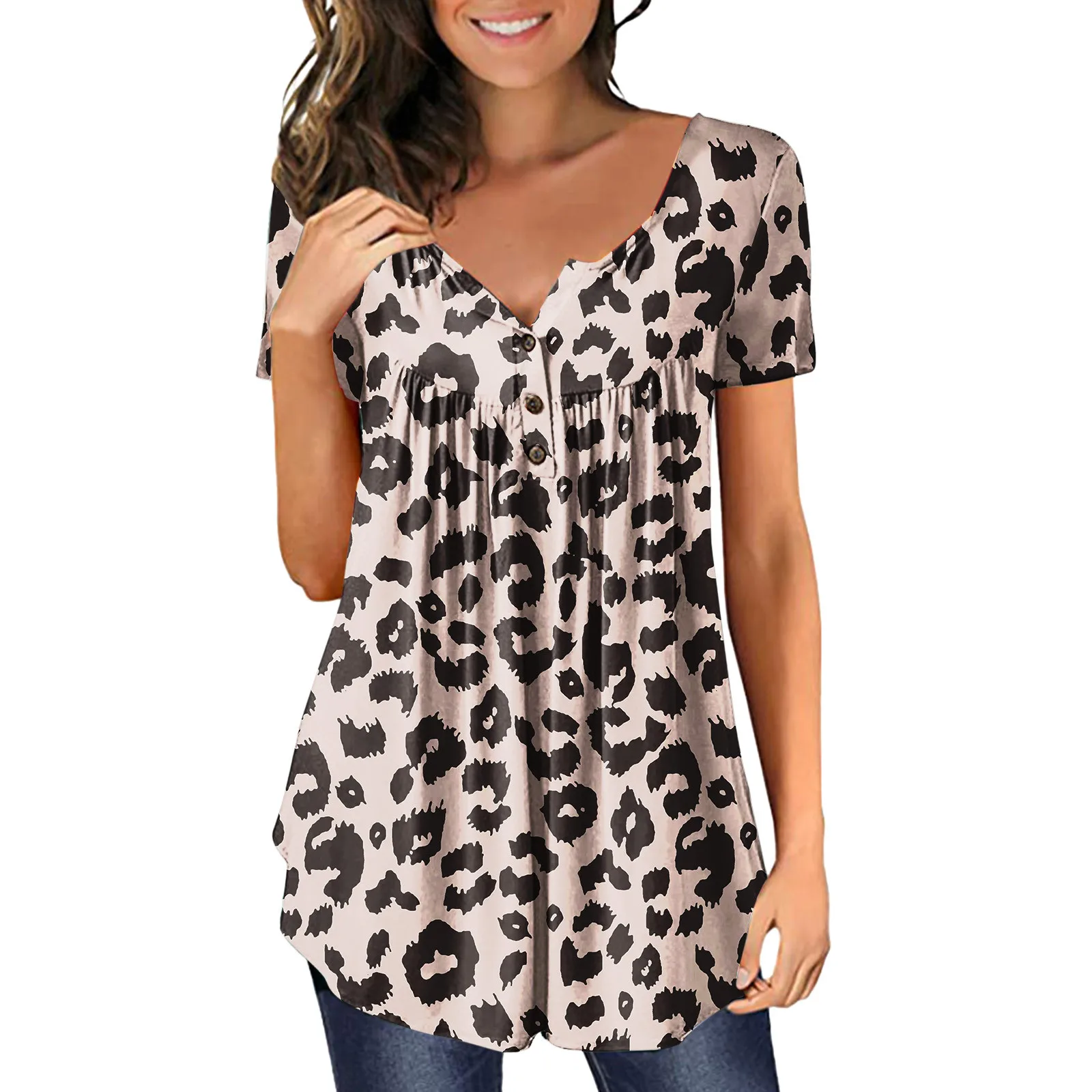 Leopard Print Womens Casual Short Sleeve Loose T-shirts Button Pleated Tunic Tops V-neck Female Pullover Tops Summer Clothes New
Leopard Print Womens Casual Short Sleeve Loose T-shirts Button Pleated Tunic Tops V-neck Female Pullover Tops Summer Clothes New