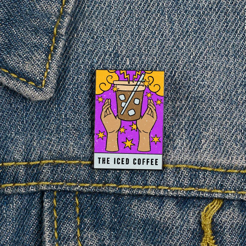 

Fashion The Iced Coffee Tarot Card Reading Witch vintage Brooches Shirt Lapel teacher Bag Cute Badge Cartoon pins for Lover Girl