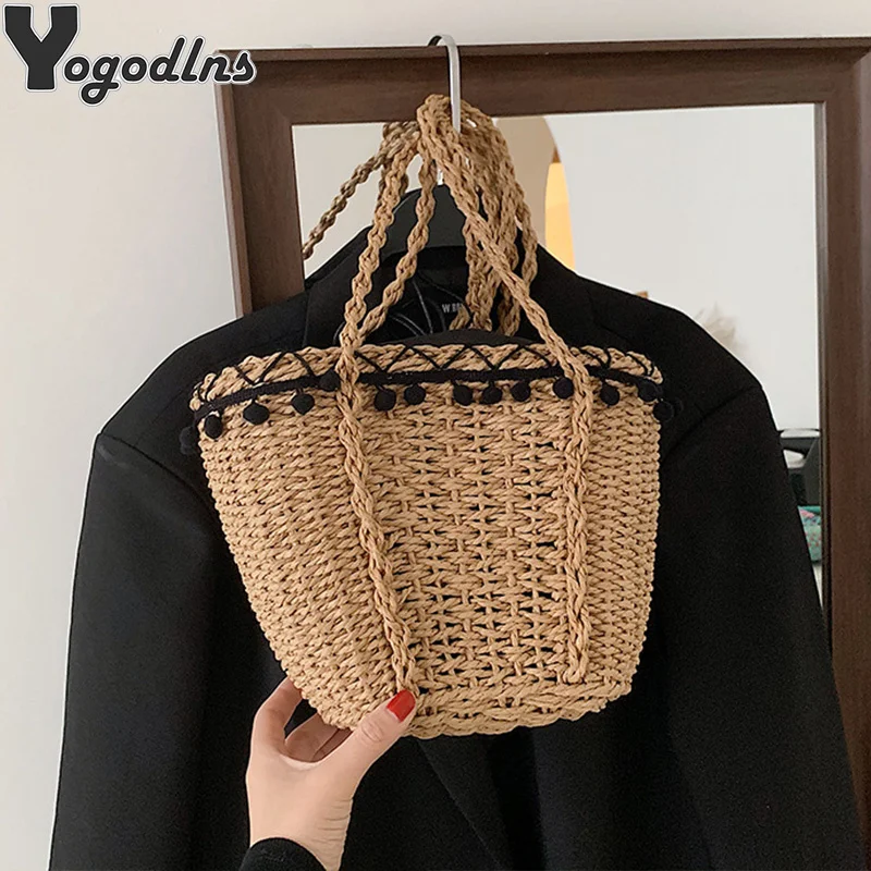 

Women Beach Straw Bag Basket Shoulder Handbag Rattan Wicker Woven Bohemia Shopper Tote Large Capacity Female Design Travel Bag