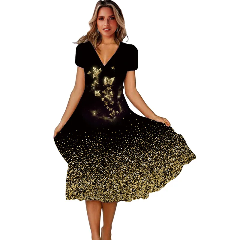 Женское винтажное платье с коротким рукавом Элегантное повседневное свободное