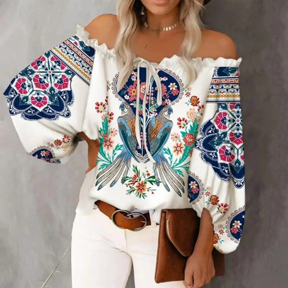 Off Shoulder Ruffle Sheer Lace-up Lantern Long Sleeve Women Shirt Ethnic Style Bohemia Print Neck Chiffon Blouse Female Clothing 
Off Shoulder Ruffle Sheer Lace-up Lantern Long Sleeve Women Shirt Ethnic Style Bohemia Print Neck Chiffon Blouse Female Clothing