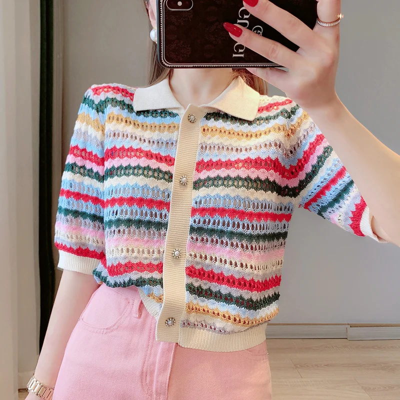 

Indie Folk Hollow Out Cardigan Shirt 2022 Summer Cropped Tops Women Fashion Short Sleeve Striped Crop Sweater T Shirt for Women