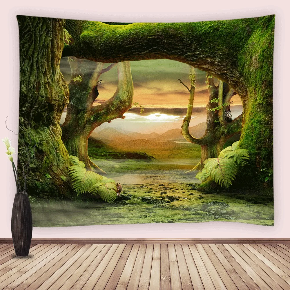 

Misty Forest Scenery Tapestry Magical Nature Green Tree Landscape Wall Hanging Tapestries Fabric Blanket for Bedroom Living Room