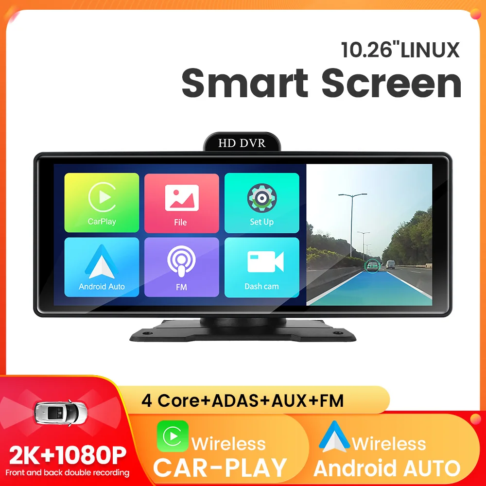 

10.26" 1080P+2K Linux Smart Screen Wireless CarPlay Android Auto Dash Cam ADAS Car DVR GPS Navigation Dashboard Video Recorder