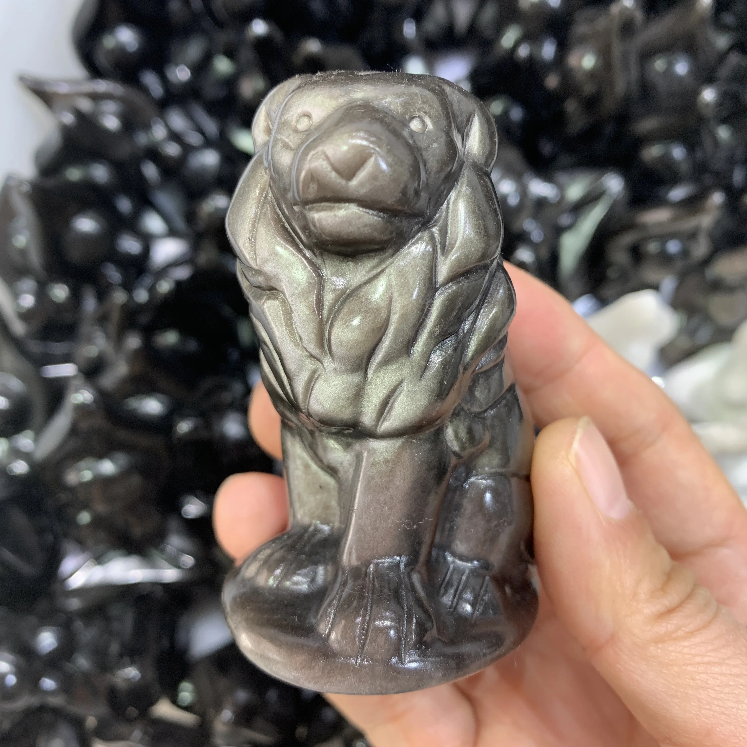 

75mm Natural Silve obsidian Lion Shaped statue crystal Carved Leo sculpture for Home decoration