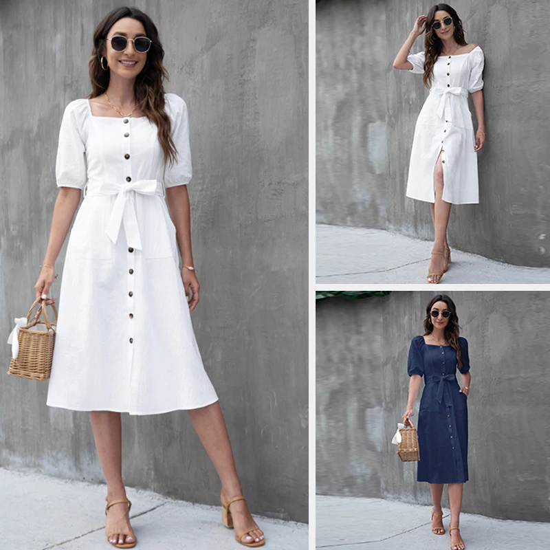 Women Bandage Dress Summer 2022 New Casual Solid Dress Square Collar Vintage Button Holiday Ladies Chic Dresses Free Shipping
Women Bandage Dress Summer 2022 New Casual Solid Dress Square Collar Vintage Button Holiday Ladies Chic Dresses Free Shipping