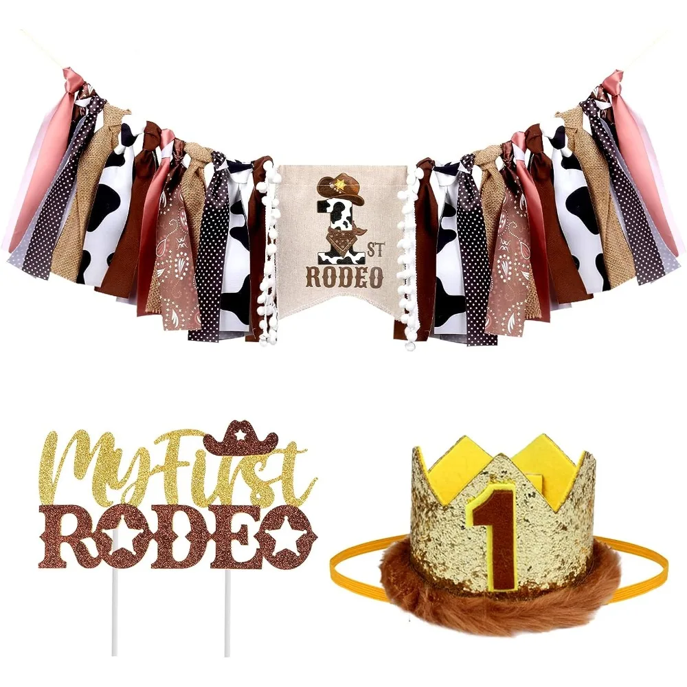 

Cowboy 1st Birthday Decorations Brown My First Rodeo High Chair Banner Cake Topper Crown Hat Western First Birthday Party Decor