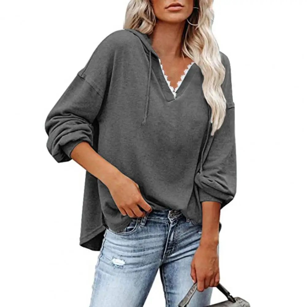 Lace V Neck Hooded Top Loose Solid Color Long Sleeve Hoodie Fashion Clothing
Lace V Neck Hooded Top Loose Solid Color Long Sleeve Hoodie Fashion Clothing
