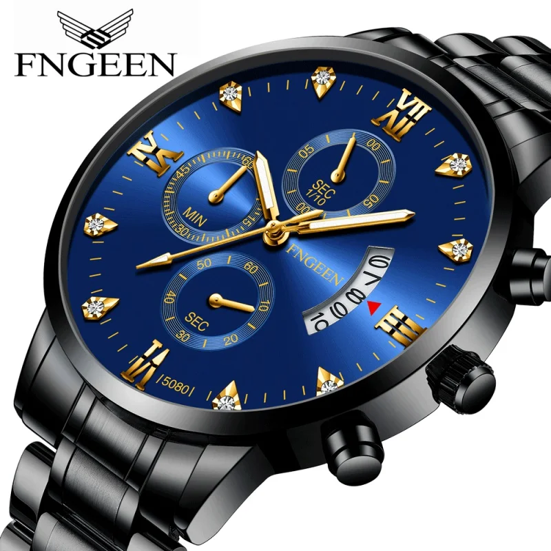 

Fngeen оригинальные новые мужские многофункциональные модные деловые кварцевые часы с тремя глазами и календарем Спортивные Светящиеся Часы