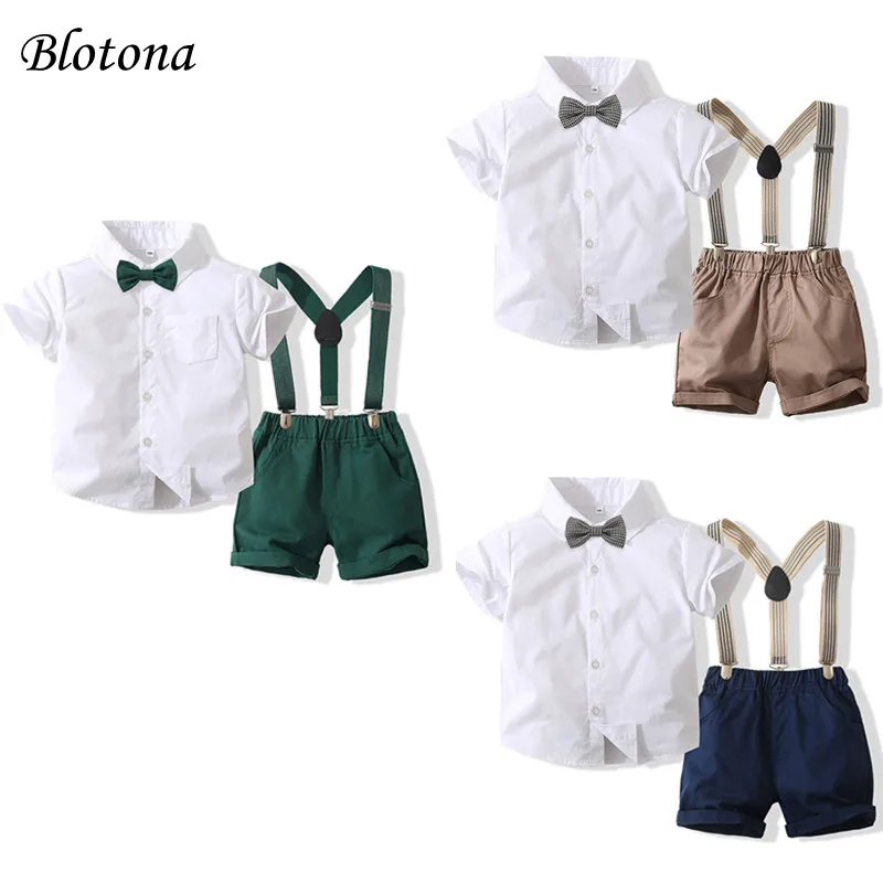 

Blotona Baby Boys 2Pcs Gentleman Outfits, Short Sleeve Button Down Shirt + Suspender Shorts Set 6Months-4Years