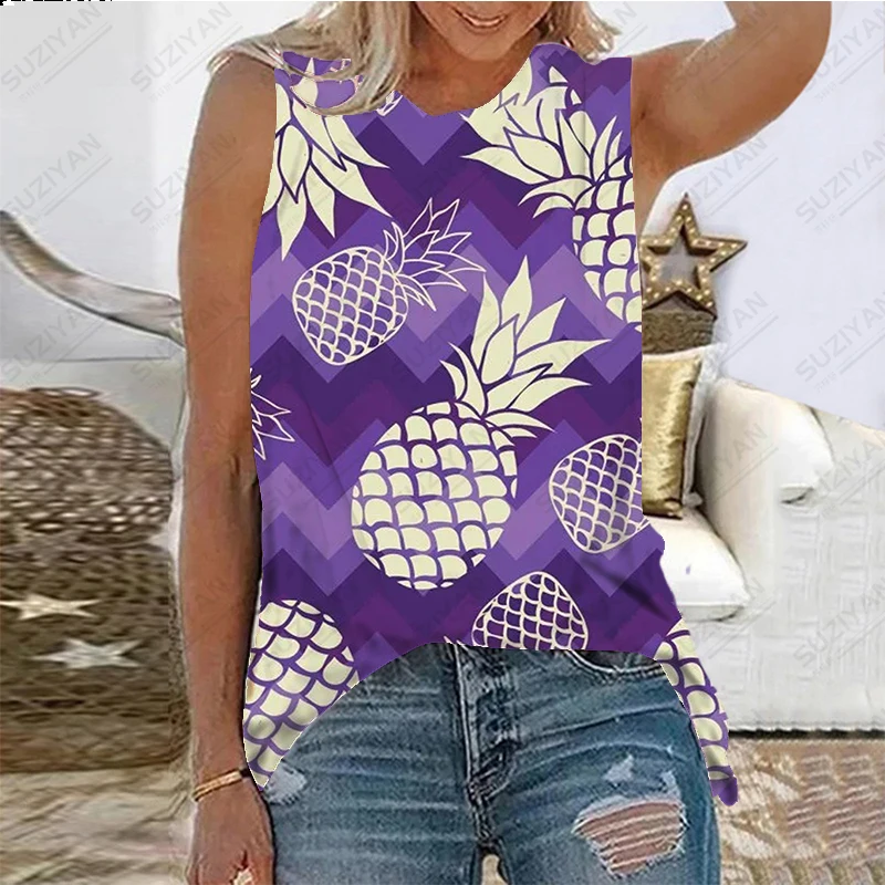 

2023 Women's Summer New Sleeveless Tank Top 3D Digital Printing Fruit Pineapple Loose Relaxed Commuter Women's Pullover Top