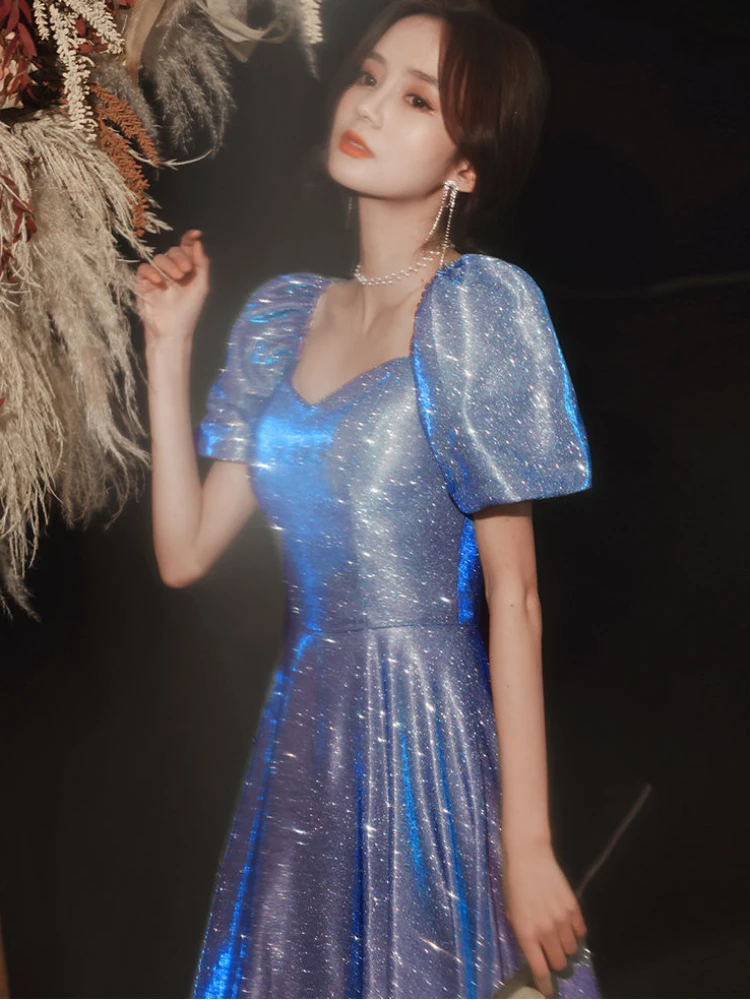 French Court Style Retro Woman Elegant Dress Starry Night Dress Blue Sequins Square Collar All-match Party Host Dress Women
French Court Style Retro Woman Elegant Dress Starry Night Dress Blue Sequins Square Collar All-match Party Host Dress Women