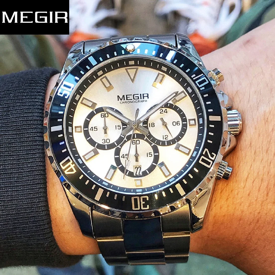 

MEGIR Men's Chronograph Quartz Stainless Steel Waterproof Lumious Analogue 24-hour Wristwatch Man Business Dial Rotatable Bezel