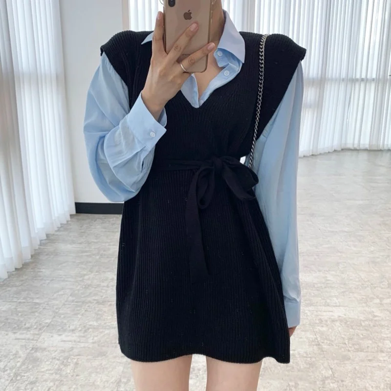 Women's Dress Korean Chic Winter V-neck Loose Sleeveless Skirts Lace Up Waist Knit Dress Vest Skirt Women Forest
Women's Dress Korean Chic Winter V-neck Loose Sleeveless Skirts Lace Up Waist Knit Dress Vest Skirt Women Forest