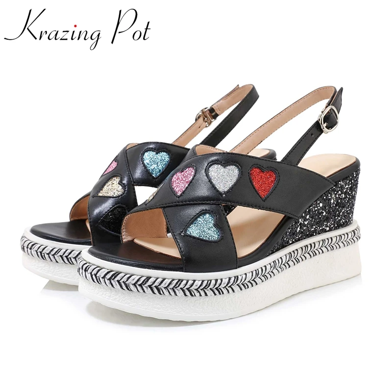 

Krazing Pot Plus Size Genuine Leather Peep Toe Super High Heel Wedges Summer Shoes Buckle Strap Mixed Color Women Sandals L01