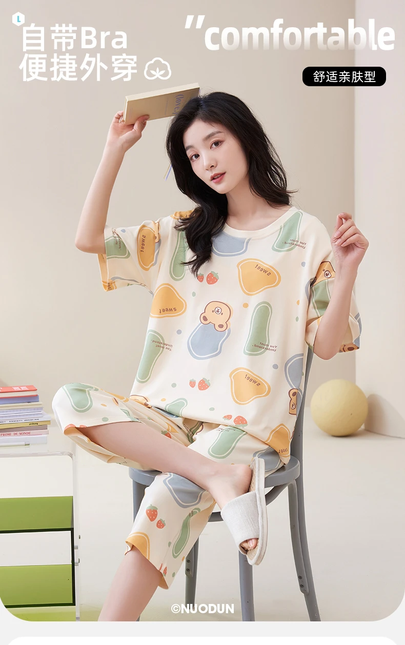 Summer Wommen Cotton Pajamas Home Clothes With Chest Pads Calf-Length Pants Sleepwear Loose Shorts Sets Cartoon
Summer Wommen Cotton Pajamas Home Clothes With Chest Pads Calf-Length Pants Sleepwear Loose Shorts Sets Cartoon