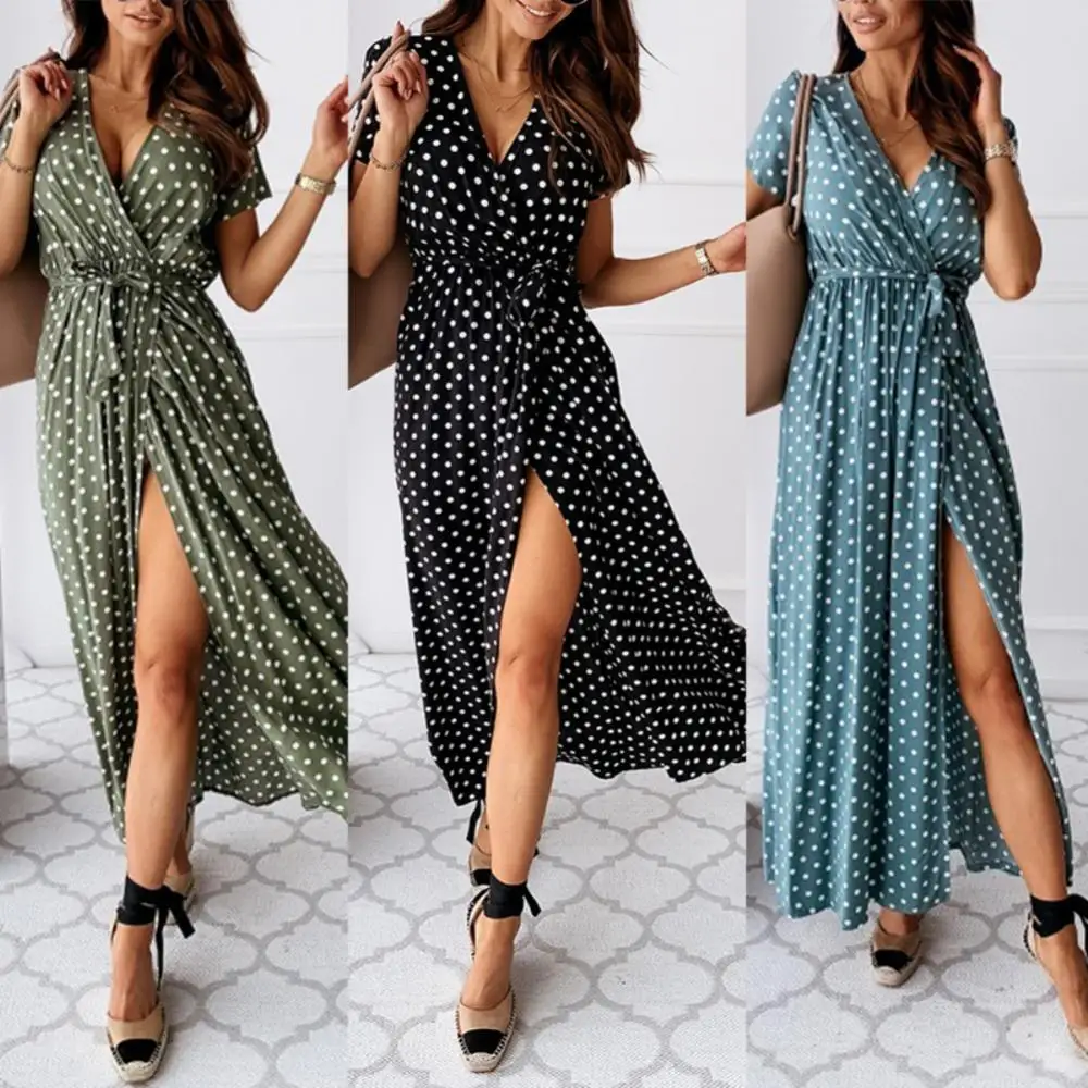 Women Short Sleeve Dress Long Dress Fashion V Neck Belt Dots Print Front Slitting Hem Long Dress
Women Short Sleeve Dress Long Dress Fashion V Neck Belt Dots Print Front Slitting Hem Long Dress