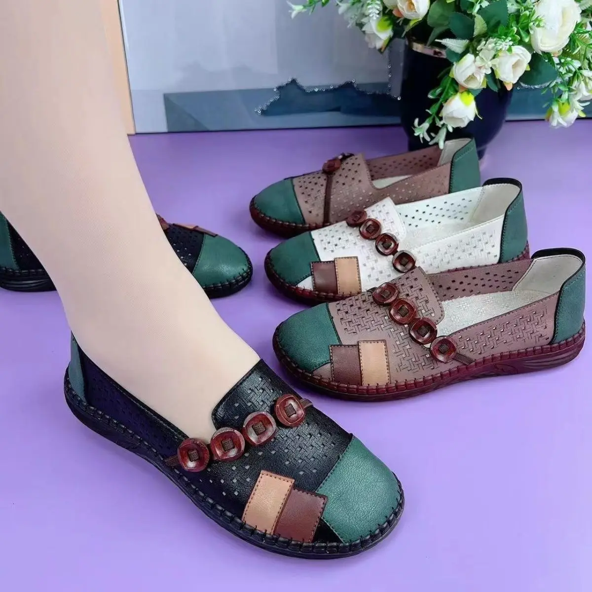 

Vintage Patch Mary Jane Shoes For Women Summer Leather Loafers Ladies Ballet Flats 2023 Woman Dressy Moccasin Shoes Tribal Flats