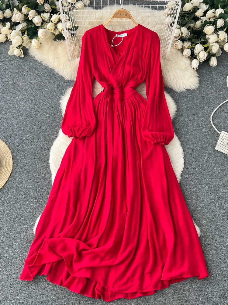 

Женское винтажное платье с V-образным вырезом, Красное Длинное плиссированное платье с рукавами-фонариками, в богемном стиле, 2023