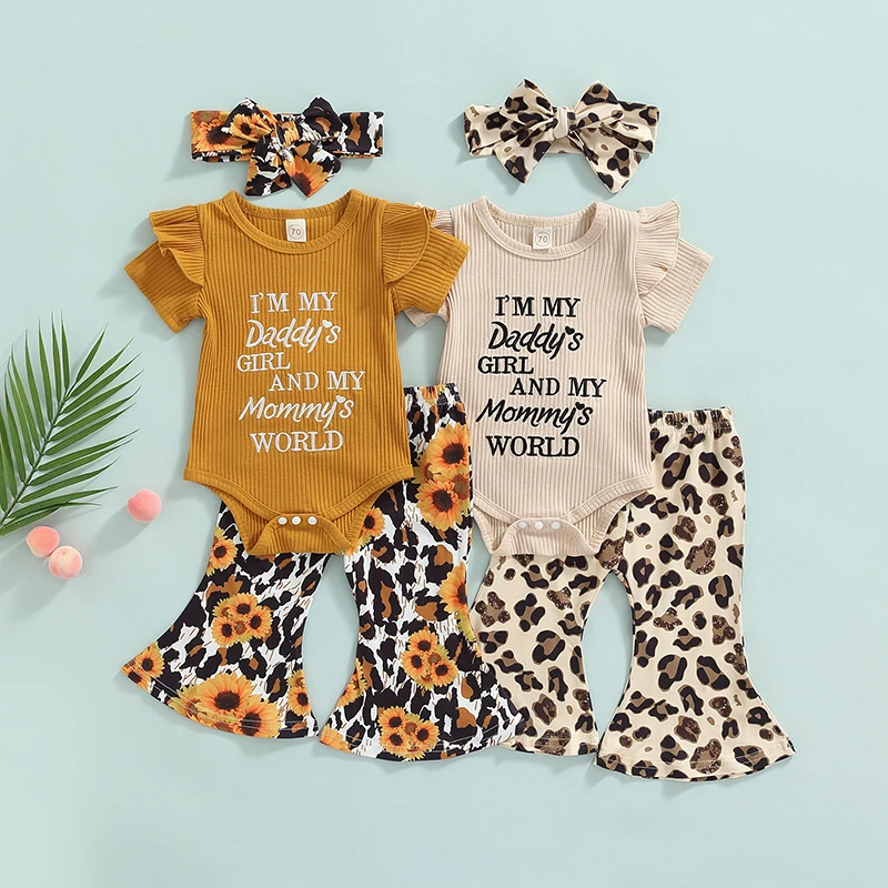 Baby Girls Romper Outfit Sweet Letter Fly Sleeve Round Collar Jumpsuit Leopard Print Bell-bottomed Pants Headwear Baby's Sets
Baby Girls Romper Outfit Sweet Letter Fly Sleeve Round Collar Jumpsuit Leopard Print Bell-bottomed Pants Headwear Baby's Sets