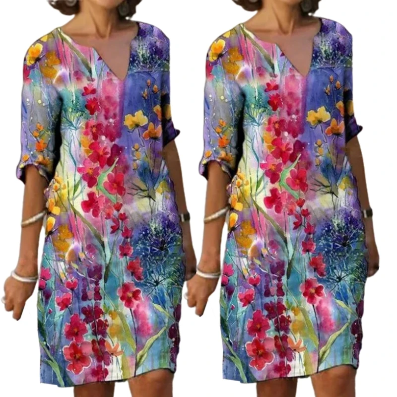Women Half Sleeve V-Neck Midi Long Dress Boho Bright Colorful Floral Printed Casual Loose Flare Hem Knee Length Sundress
Women Half Sleeve V-Neck Midi Long Dress Boho Bright Colorful Floral Printed Casual Loose Flare Hem Knee Length Sundress
